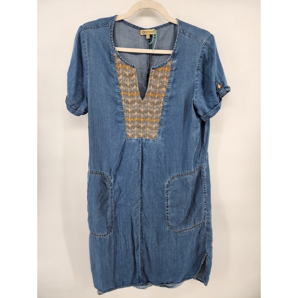 Democracy Medium Blue Denim Lyocell Embroidered V-Neck‎ Shift Dress B6647ENAI
